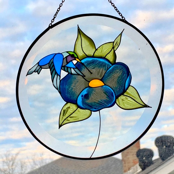 Blue Flower Hummingbird Stained Glass Sun Catcher - Picture 1 of 9